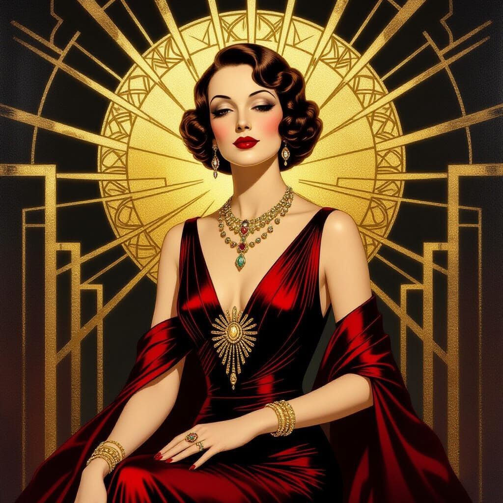 Art Deco Glamour: Scarlet Woman in Golden Geometry