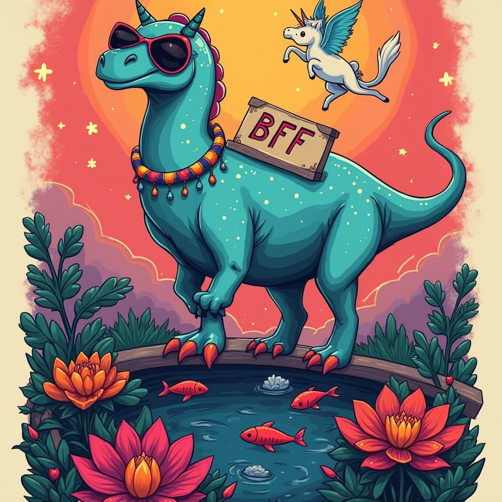 Whimsical Friends: Dinosaur and Unicorn in Rainbow Oasis