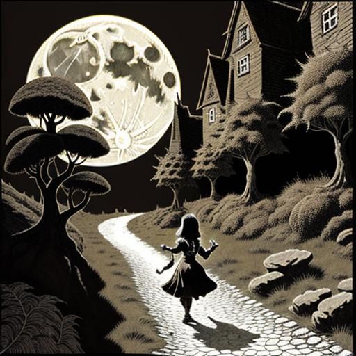 Dark Fantasy Creature Walks to Moon in Risograph Style