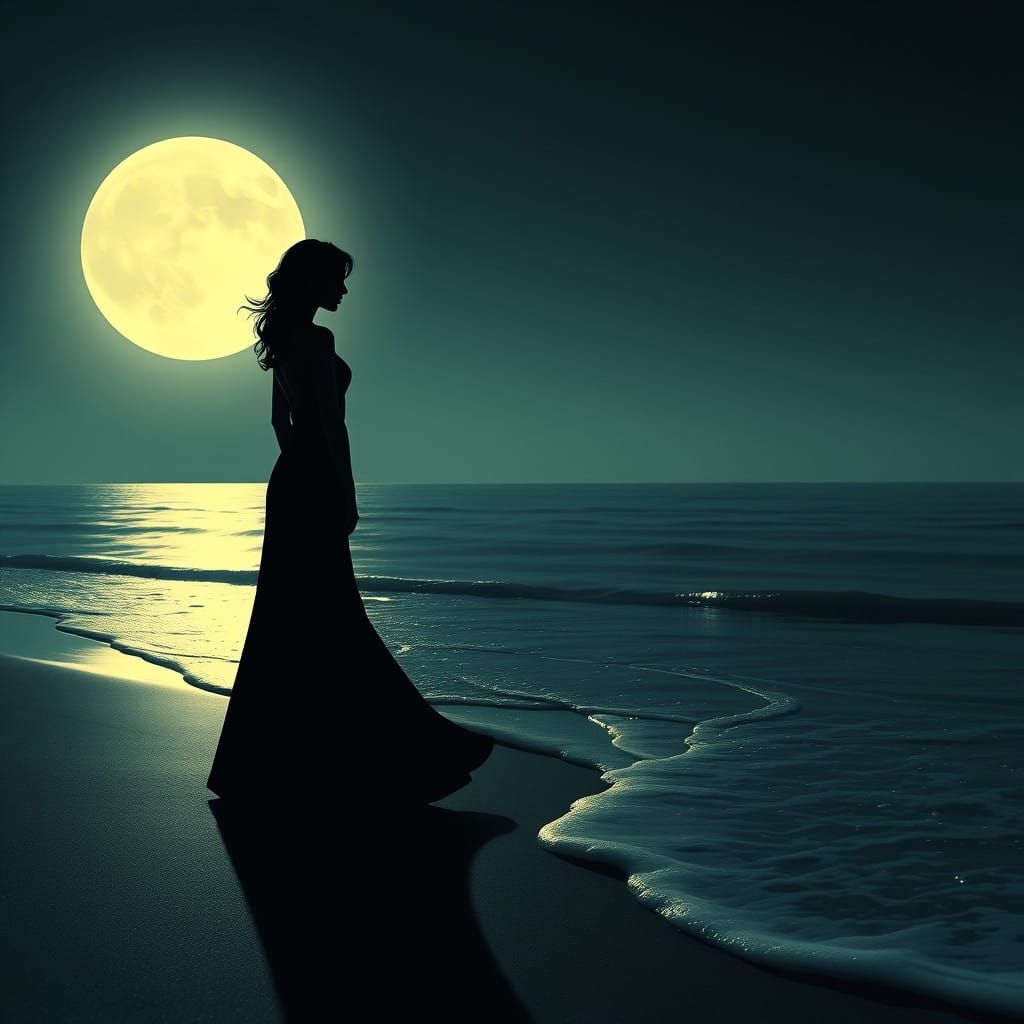 Elegant Moonlit Beach Silhouette in Fine Art Style