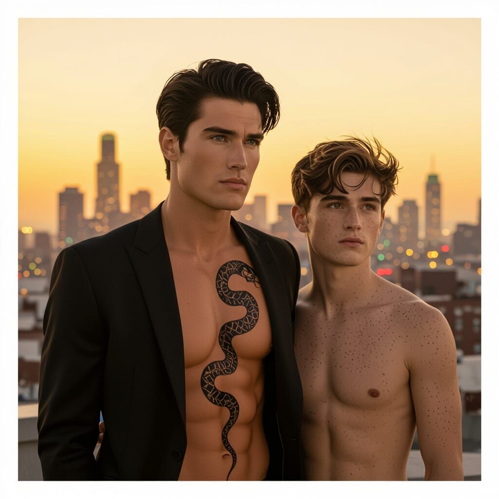 Twilight City Rooftop Scene with Two Men