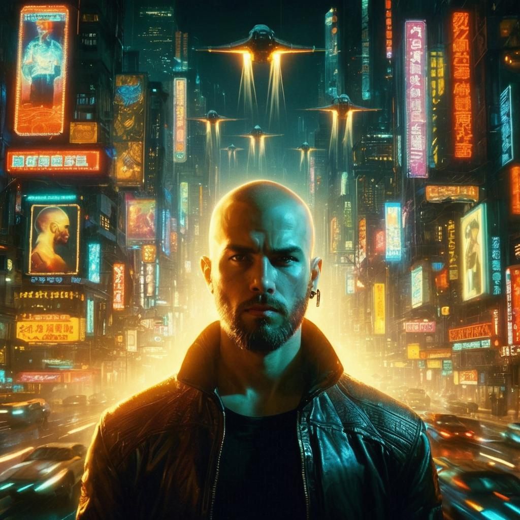 Cyberpunk Cityscape with Flying Cars in Neo-Asian Style