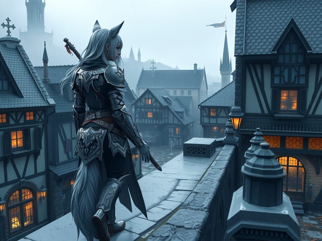 Wolf-Girl Warrior in Medieval Fantasy City at Sunset