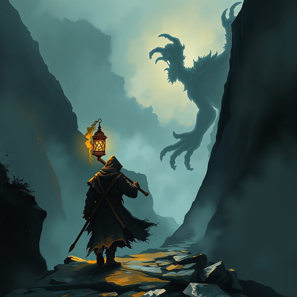 Ancient Warrior Navigates Misty Mountain Pass