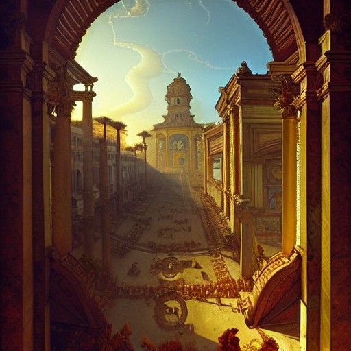 Roman Market Grand Entrance in Clockpunk Sci-Fi Style