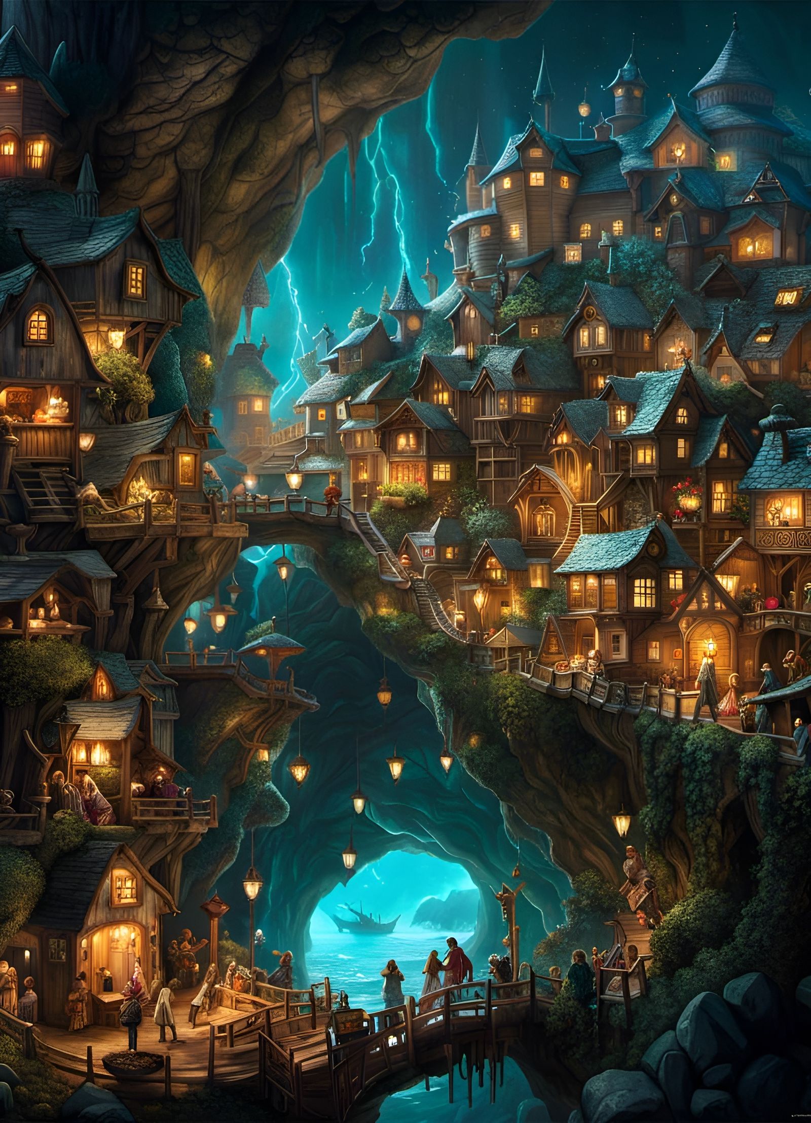 Glowing Geode Fairy Village: Fantasycore Digital Art
