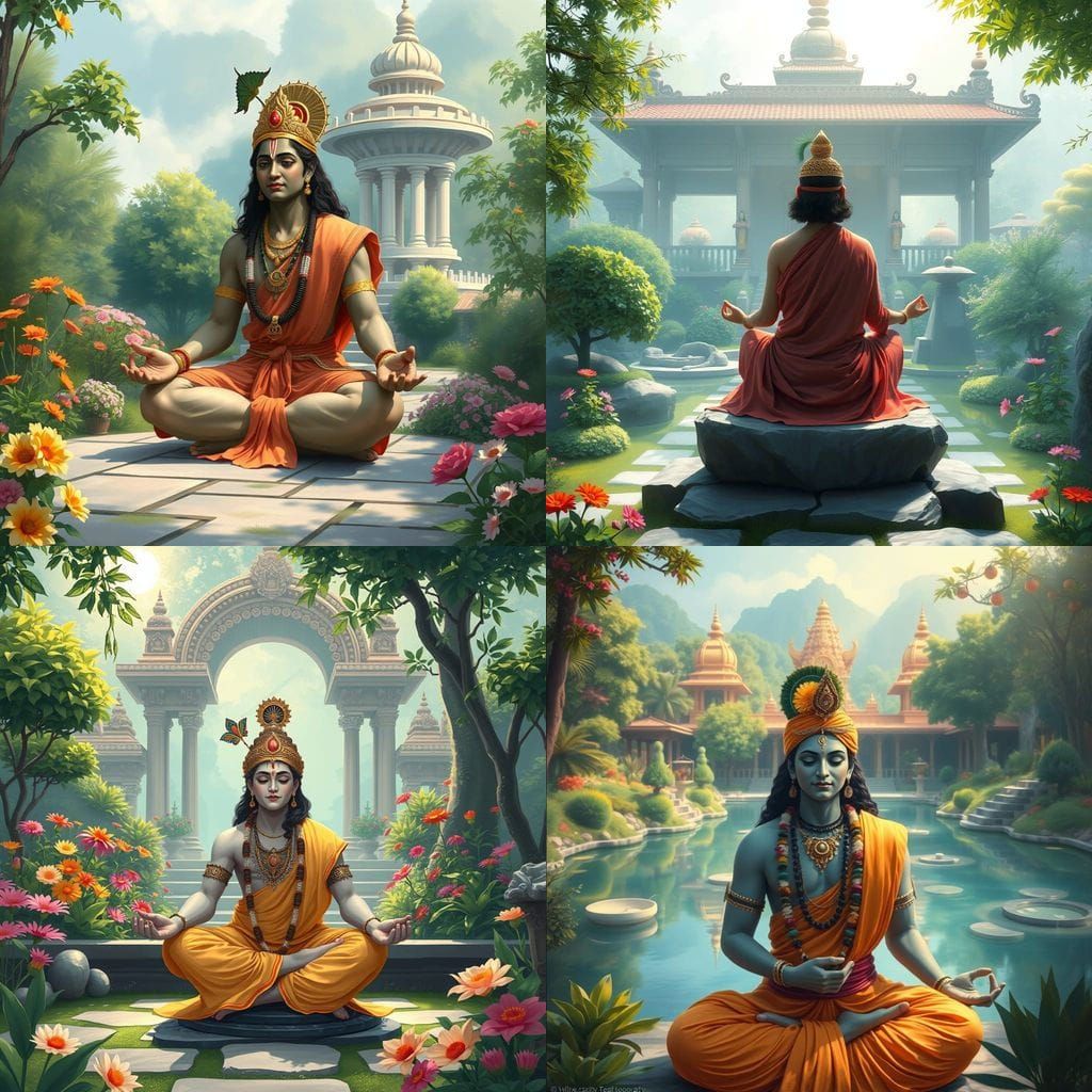 Krishna Meditating in Zen Garden Spiritual Painting