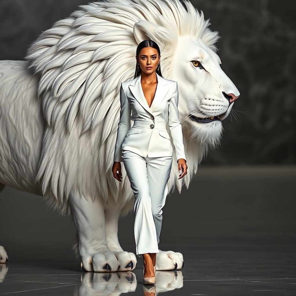 Woman and Lion in Hyperrealistic Fashion Editorial