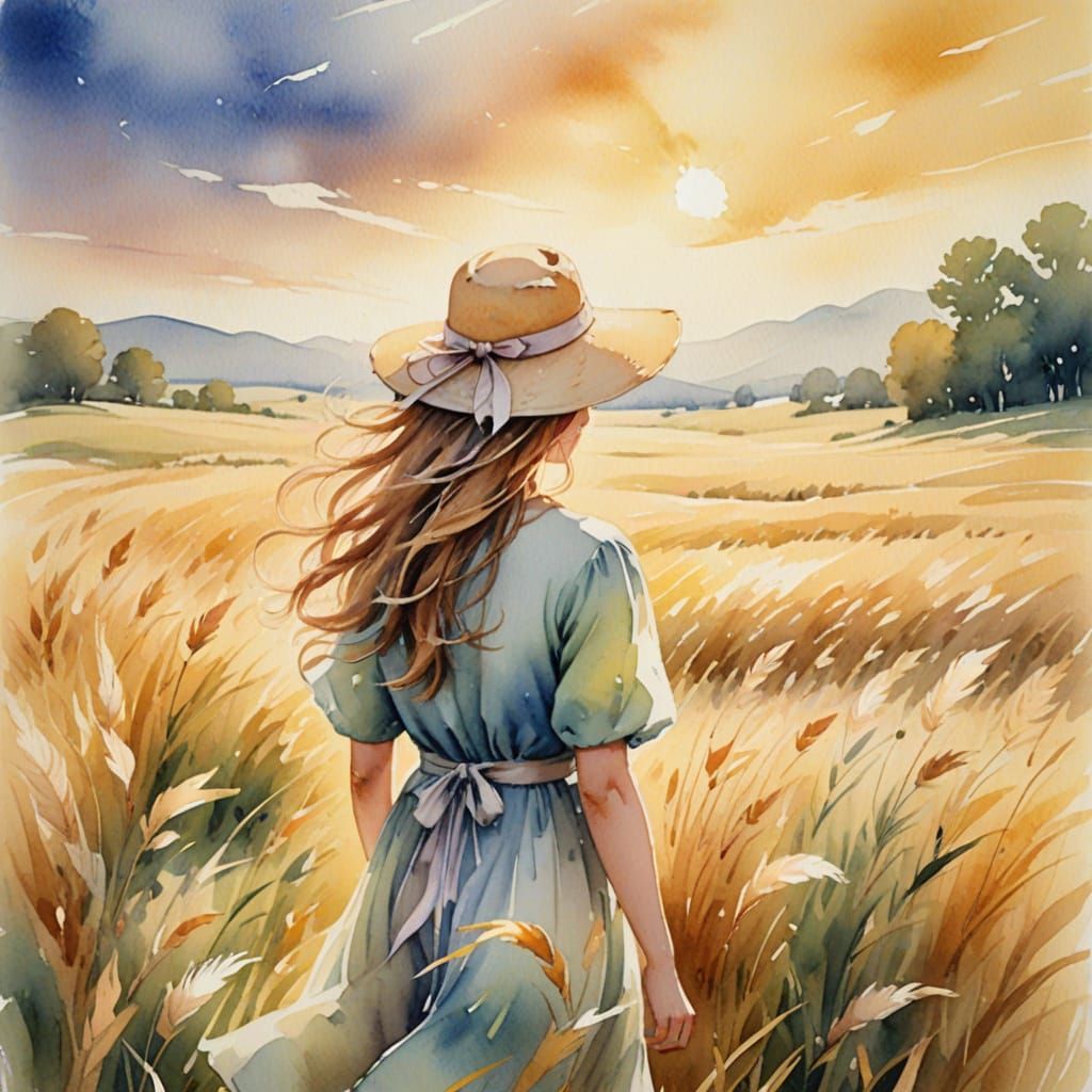 Dreamy Watercolor Scene of a Woman Chasing a Flying Hat