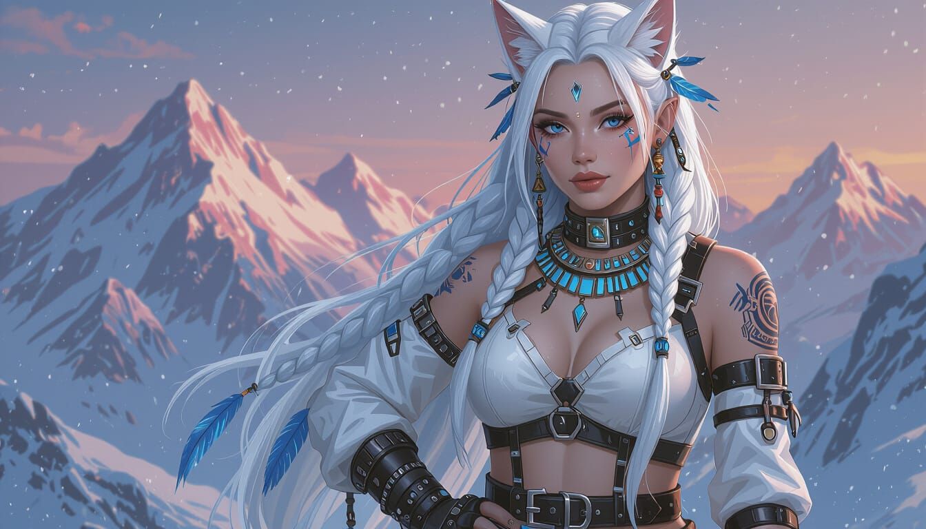 White catgirl in snow mountain (anime variation)