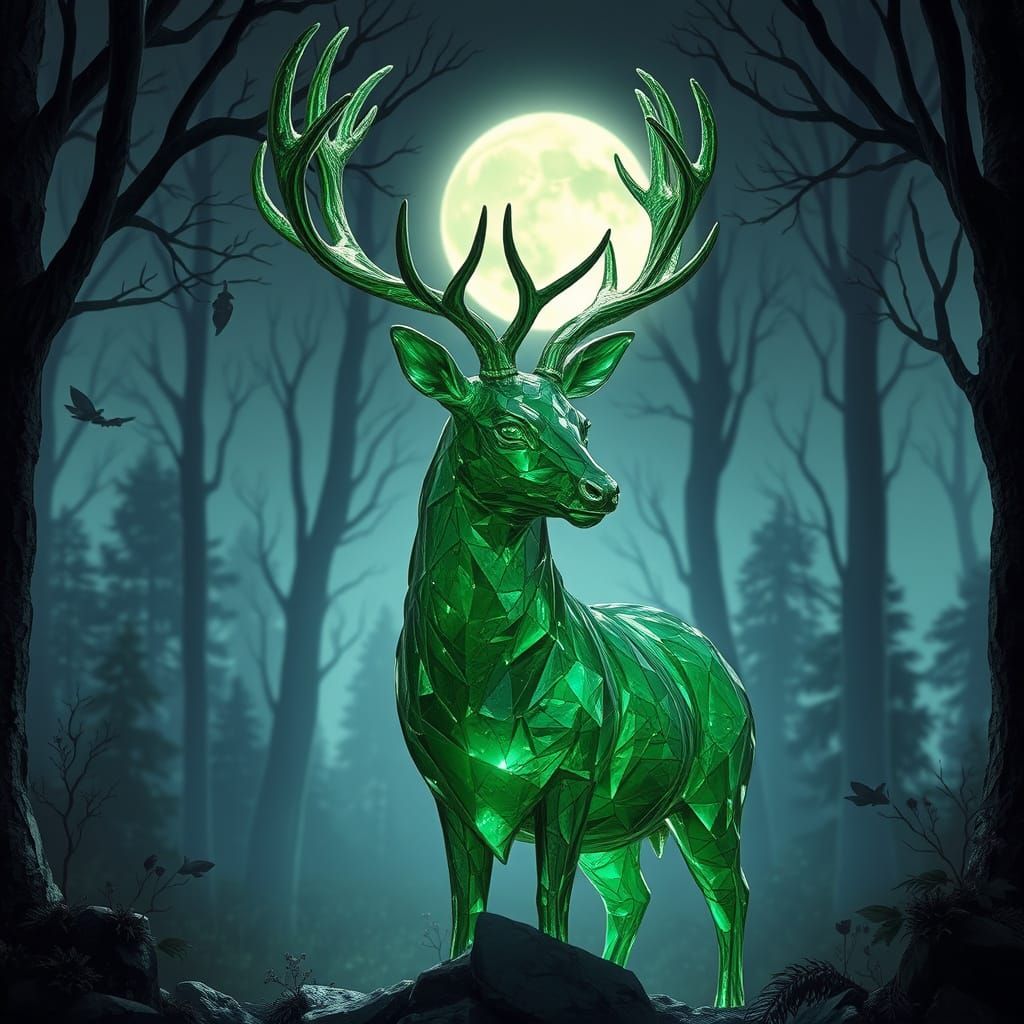 Majestic Emerald Deer in Moonlit Forest Glade
