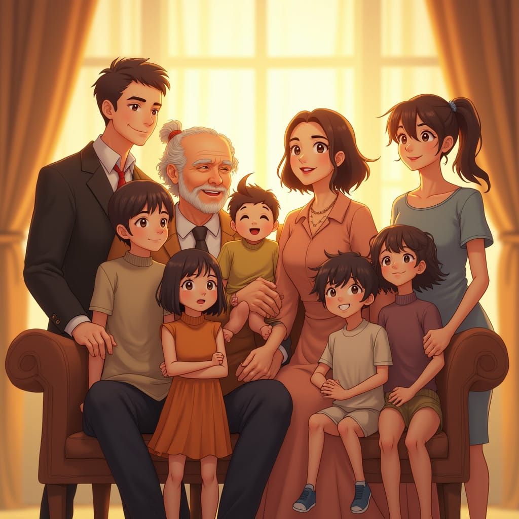 Surreal Anime-Inspired Family Portrait in Vibrant Golden Lig...