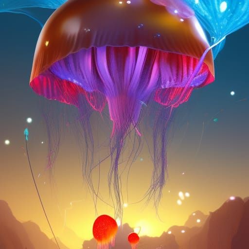 Surreal Jellyfish Mushroom Balloon with Fireflies