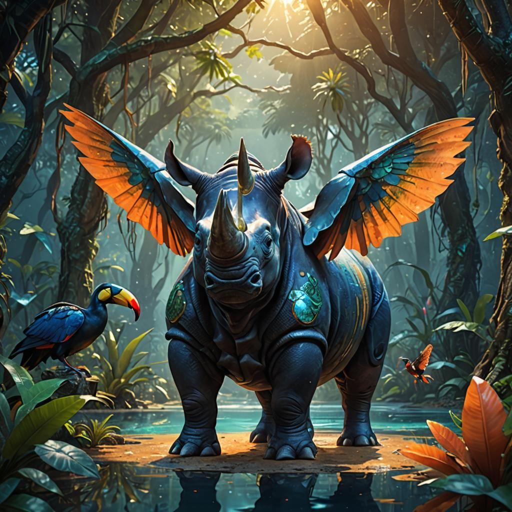 Rhino Octopus Toucan Hybrid in Mystical Jungle