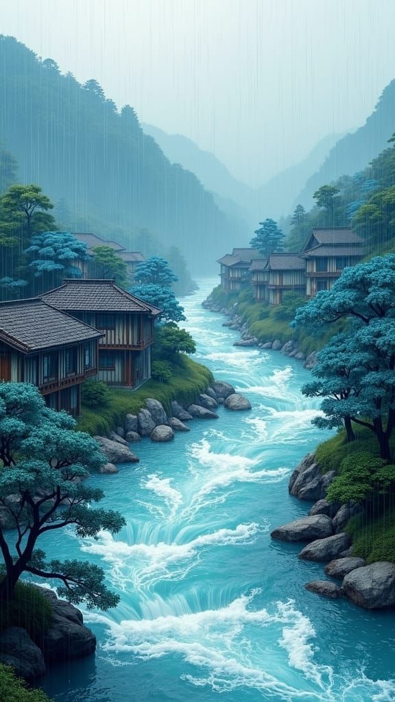 River Flooding Origami Buildings in Japanese Art Style