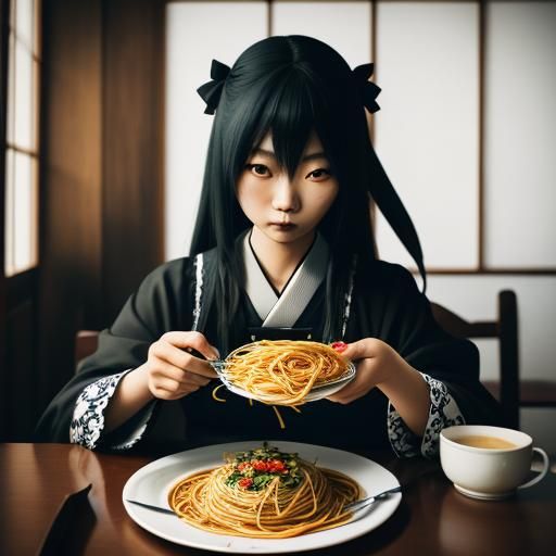 Japanese Gothic Girl Enjoys Spaghetti: Professional Photogra...
