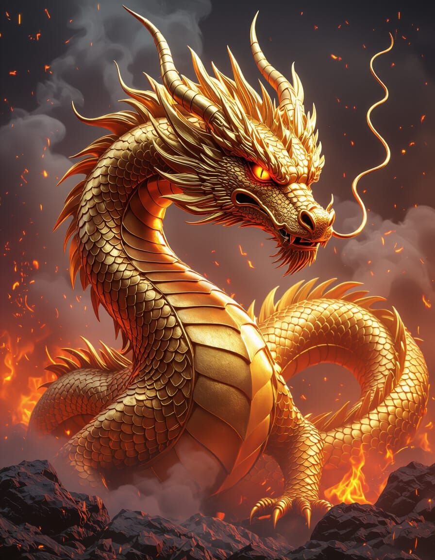 Golden Dragon Emerging From Swirling Fire In 3D
