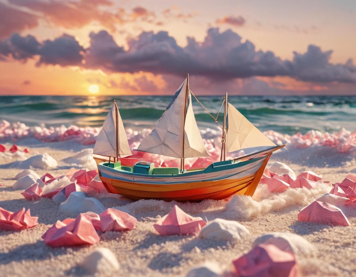 Sunset Beach Boat View with Origami Paper Folds