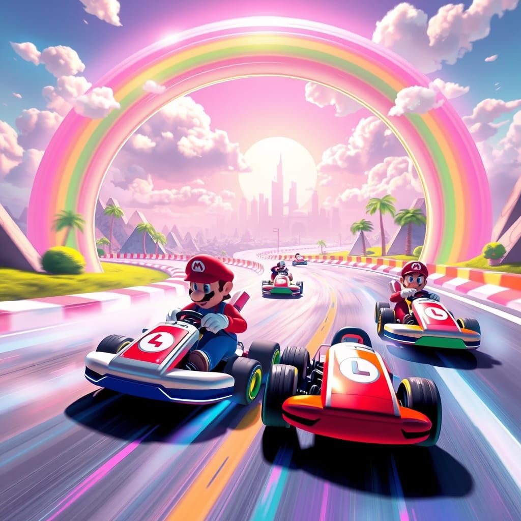 Vibrant Rainbow Road Speedsters in Whimsical, Neon-Lit Fanta...