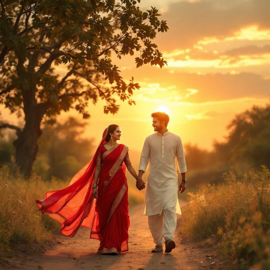 Bangladeshi Couple at Sunset in Anime Style
