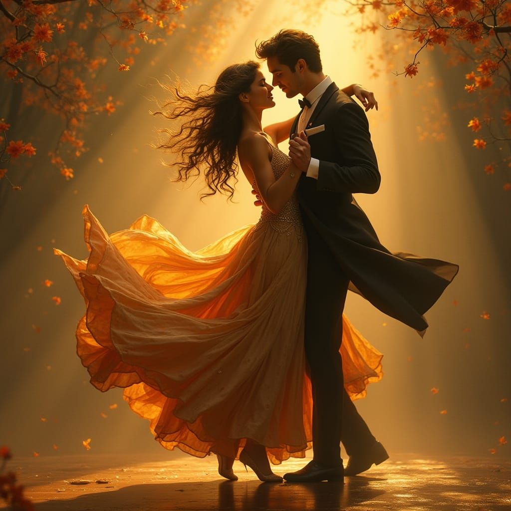 Dancers in Golden Light, Art Nouveau Style