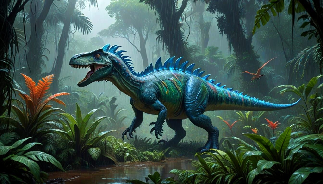 Vibrant Gondwanan Rainforest Scene with Feathered Dinosaurs