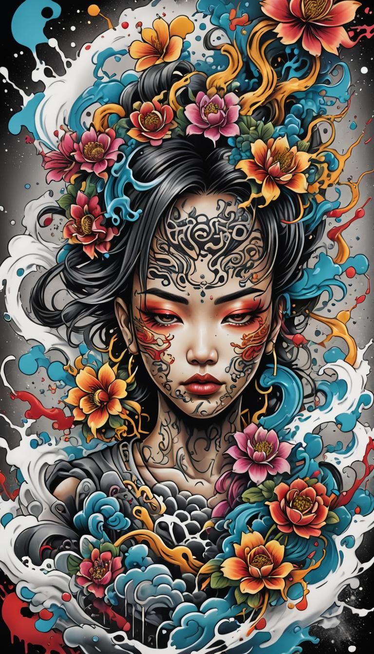 Detailed Asian Tattoo T-Shirt Design in Graffiti Style