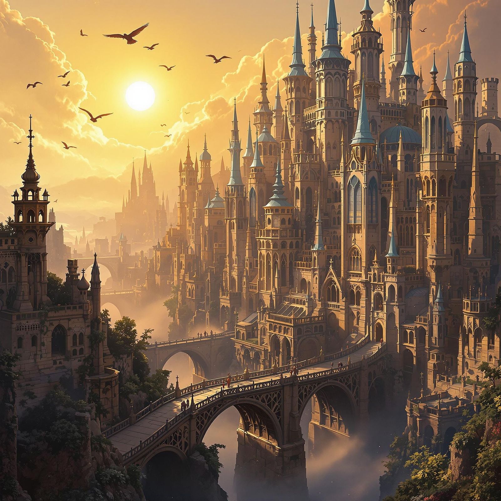 Epic Gothic Fantasy Metropolis at Sunrise