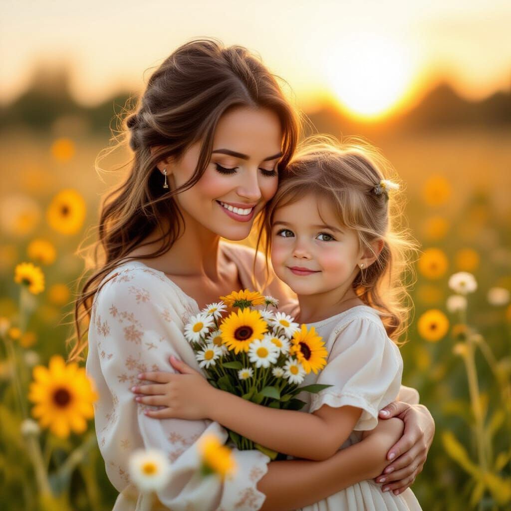Mother and Daughter Embrace in Wildflower Field at Golden Ho...