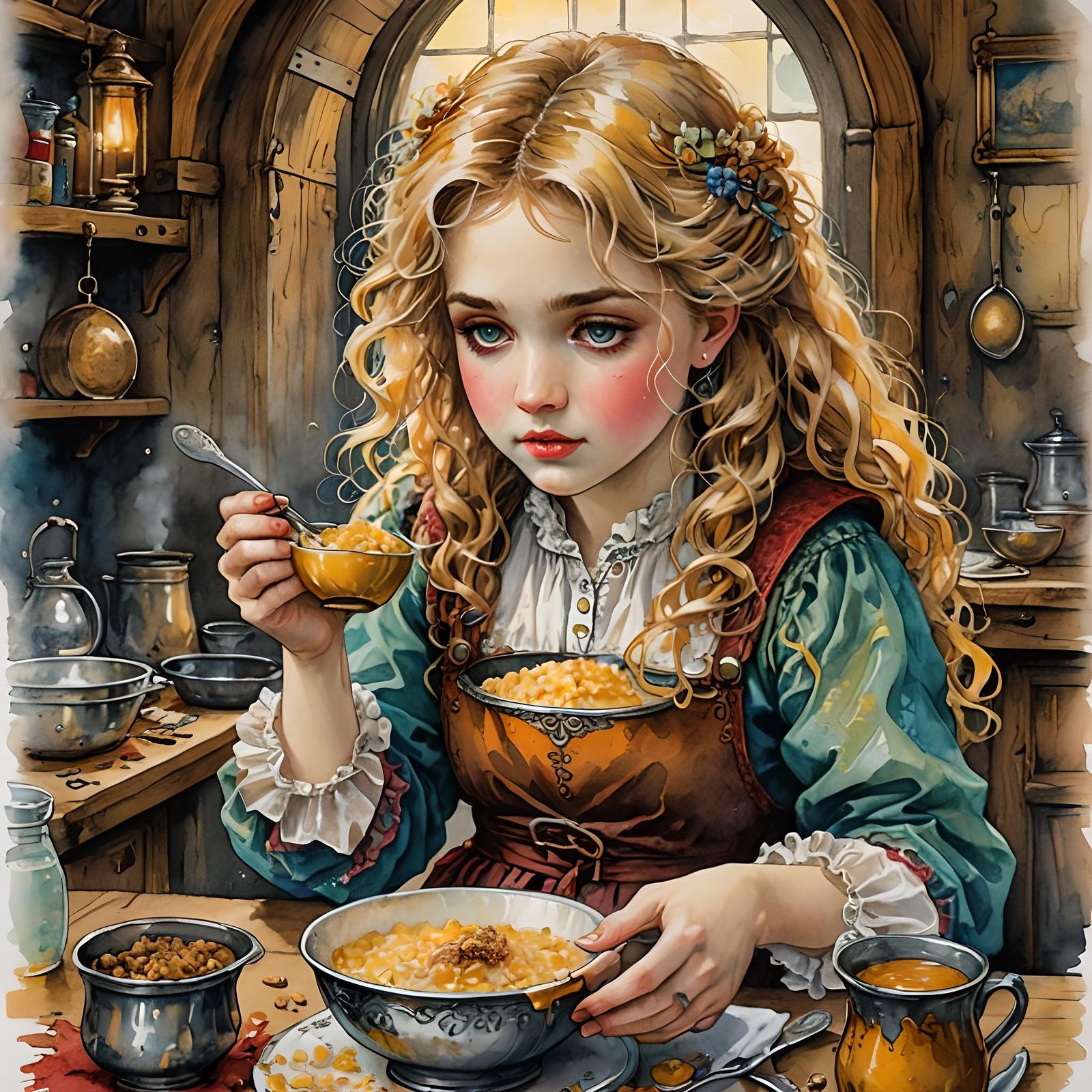 Goldilocks and Porridge: Ink and Watercolor Illustration