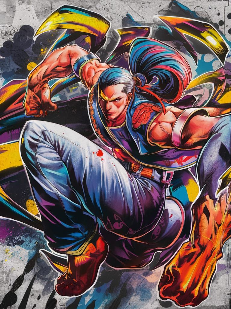 Dynamic Graffiti Art: Action Character in Polychromatic Styl...