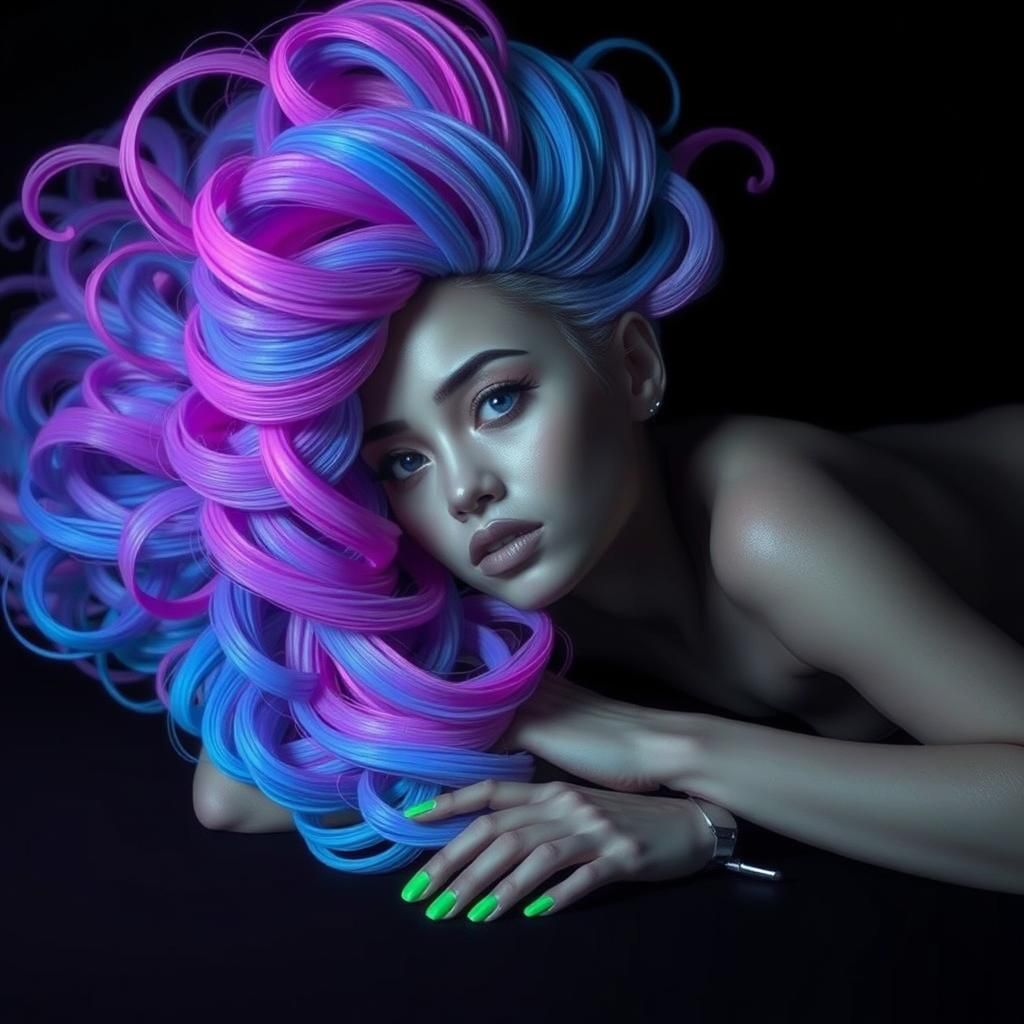 Woman with Neon Hairstyle, Surreal Matte Painting