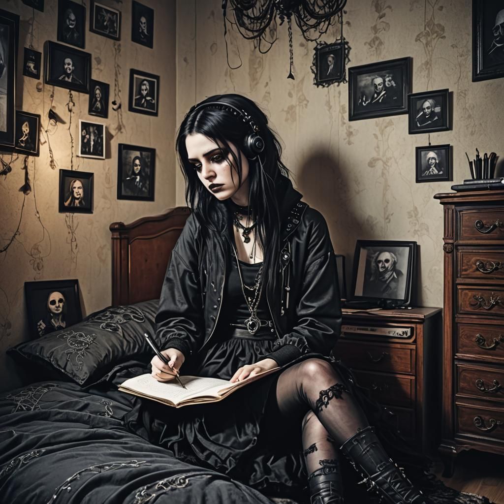 Sad Goth Girl Writing in Moody Bedroom