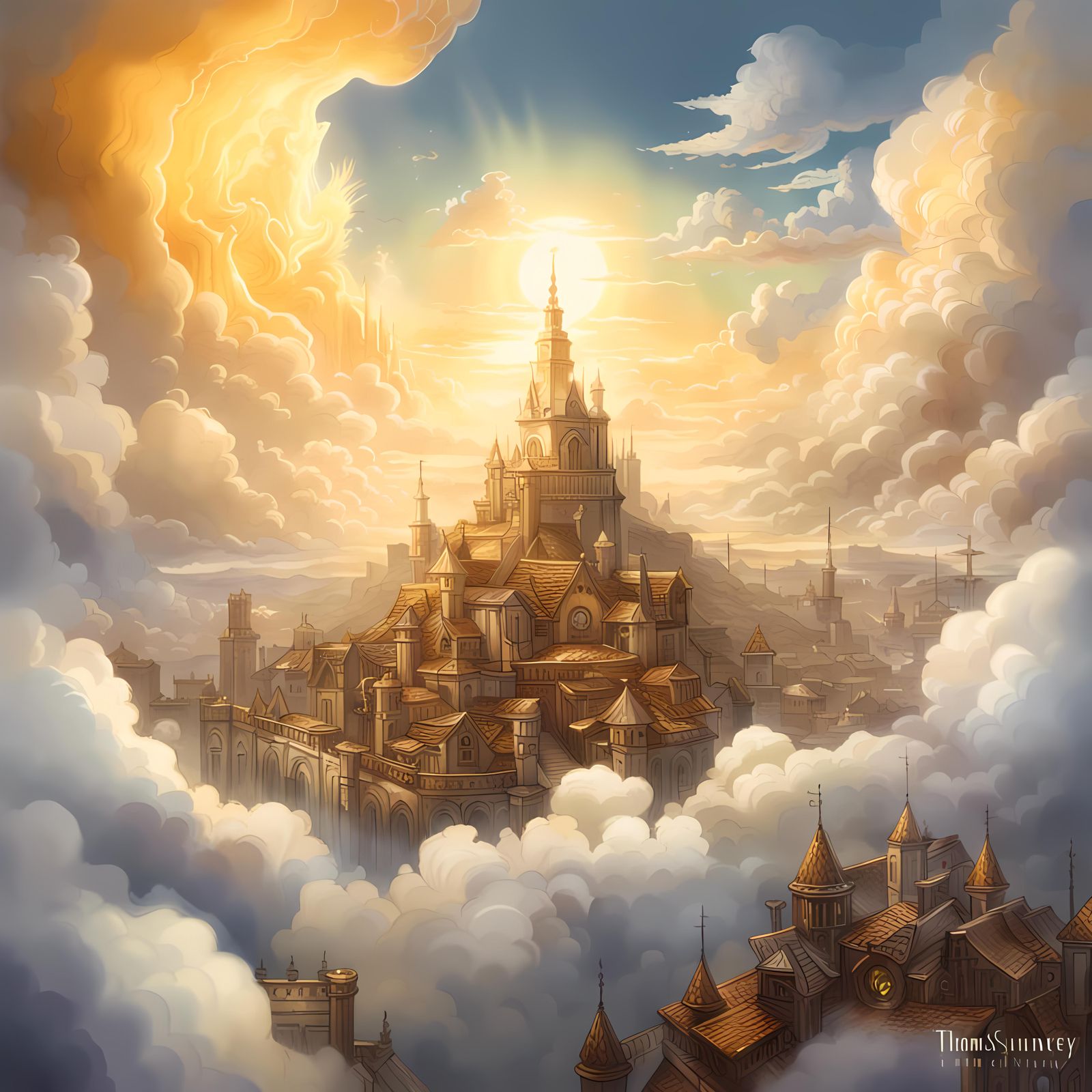 Golden City in the Clouds: Fantasy Matte Painting