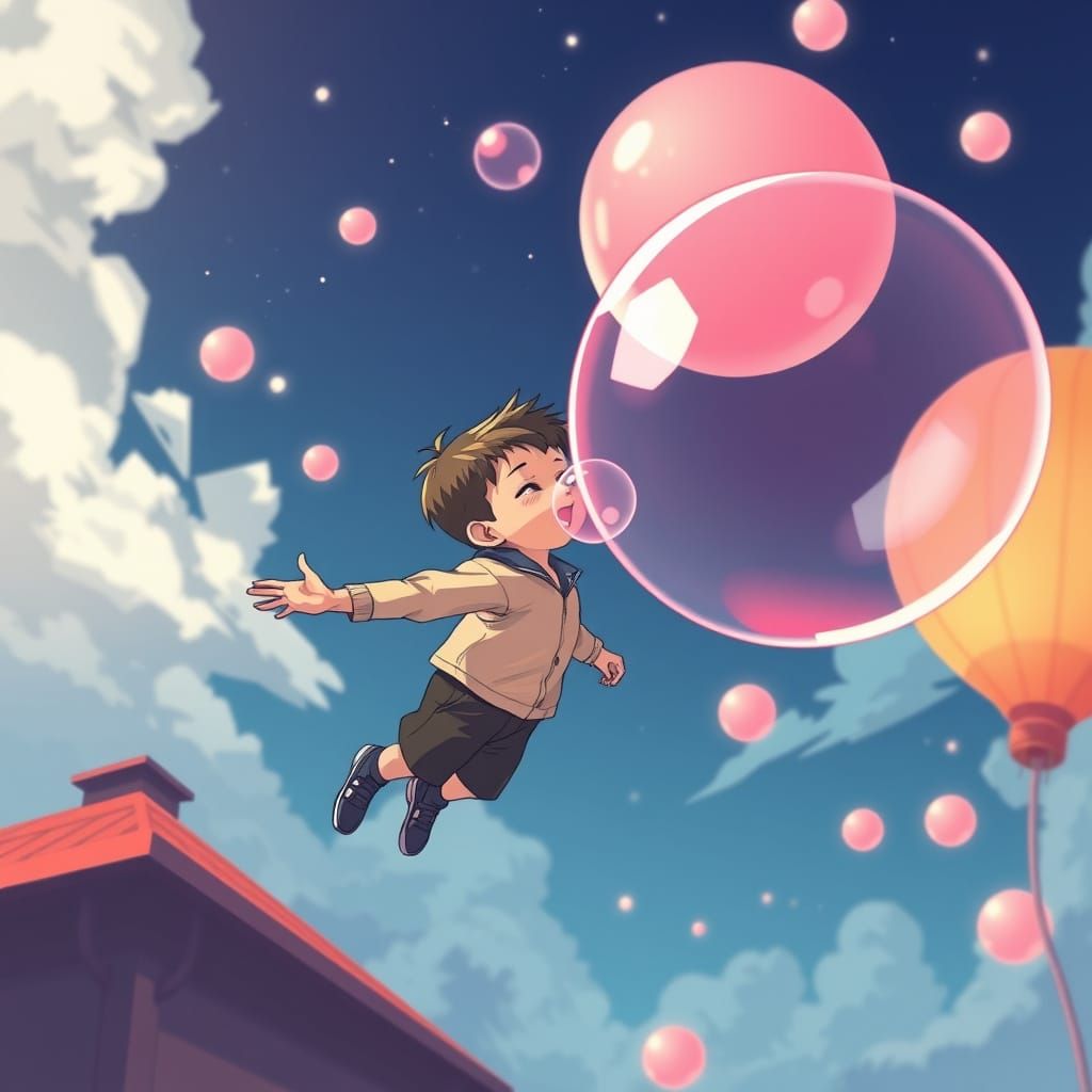 Floating Boy Blows Giant Bubblegum Bubble in Vibrant Anime S...