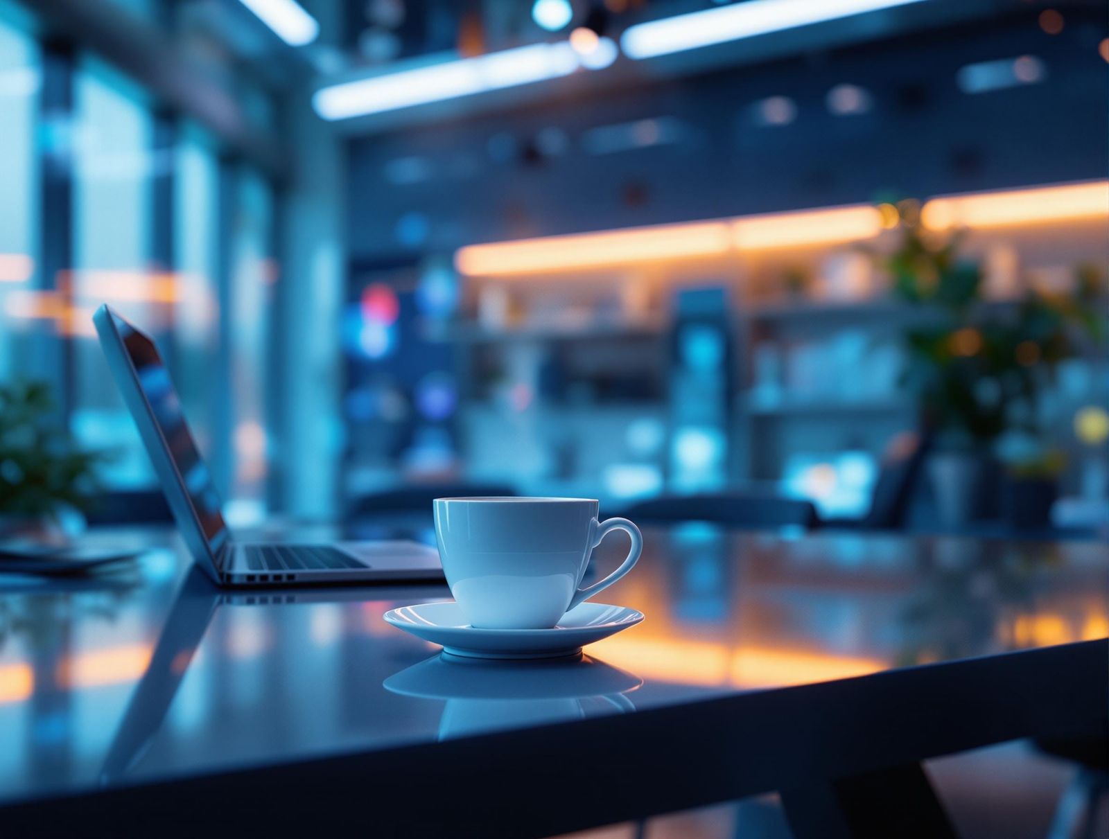 Futuristic Office Scene with Coffee Cup in 8k