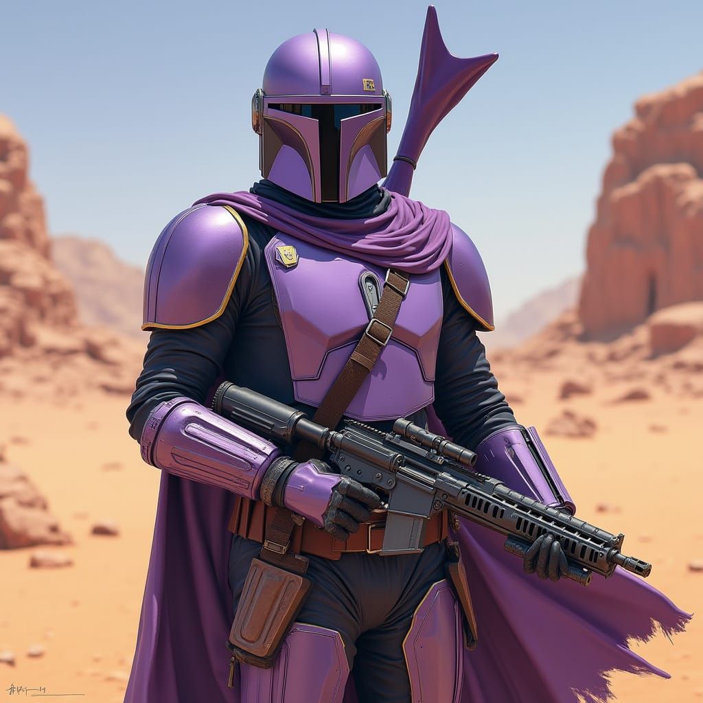 Mandalorian Warrior in Purple Armor on Desert World