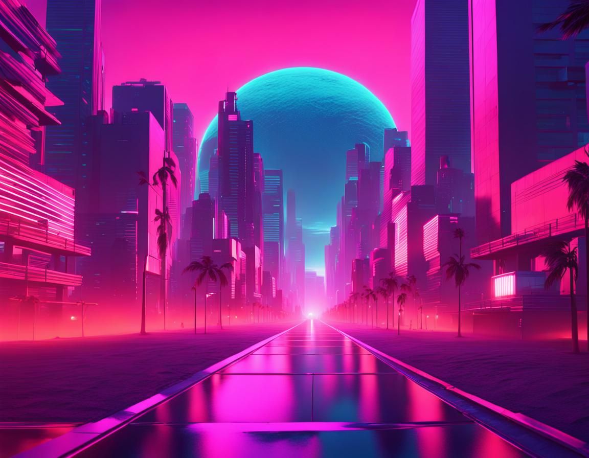 Vaporwave Cyberpunk Cityscape at Sunset in 3D