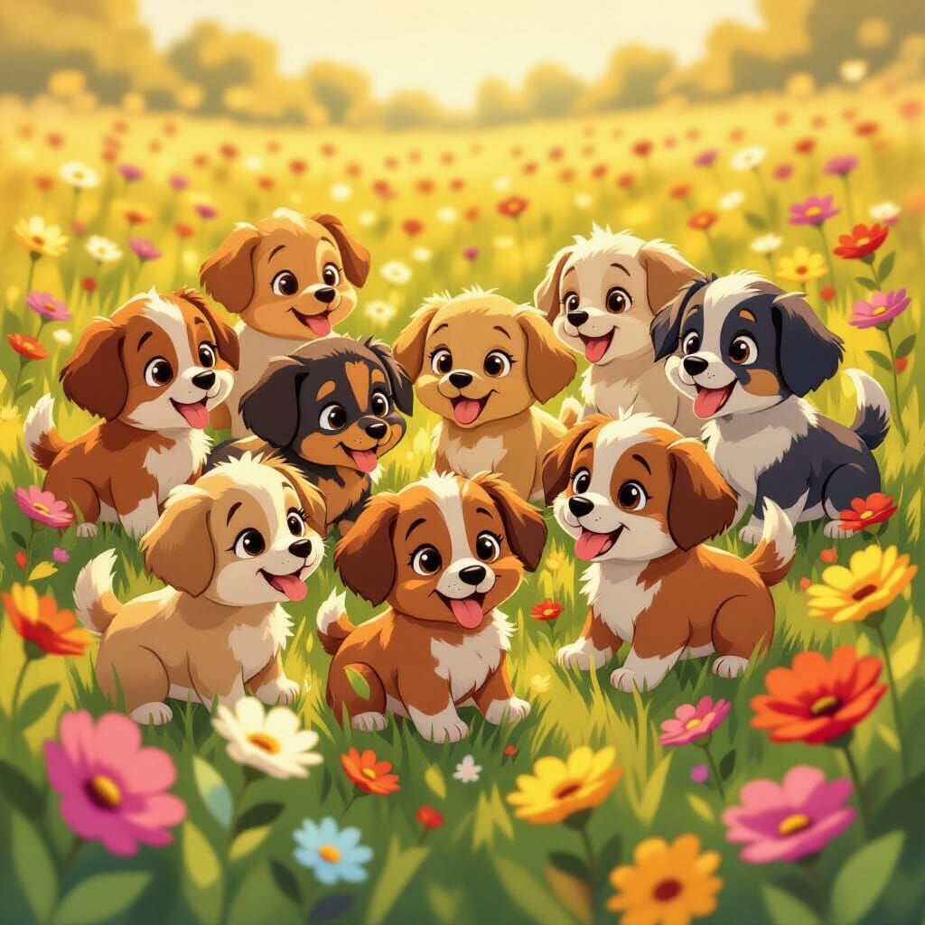 Adorable Cartoon Puppies Playing in a Flower Field