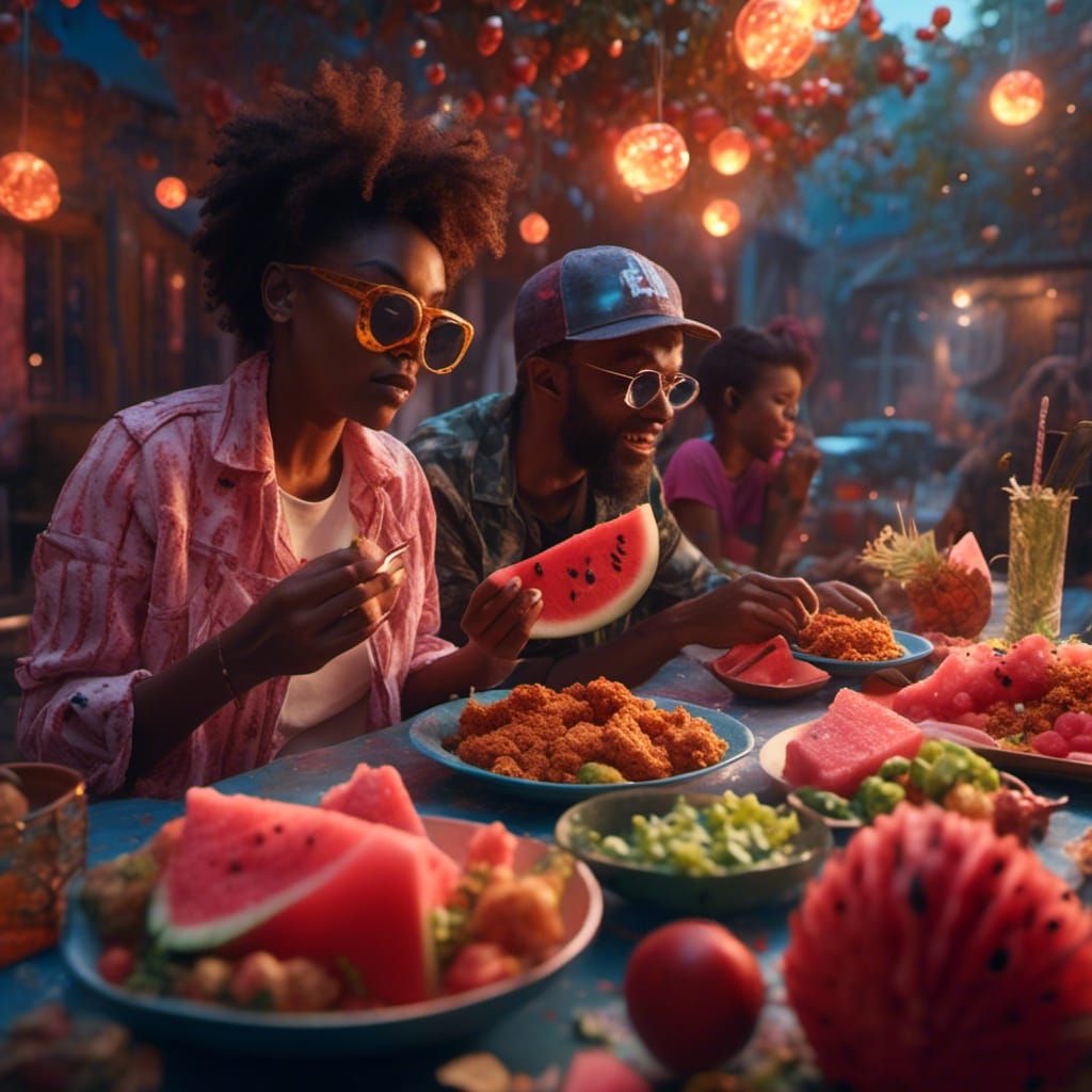 Black People Enjoying Fried Chicken and Watermelon