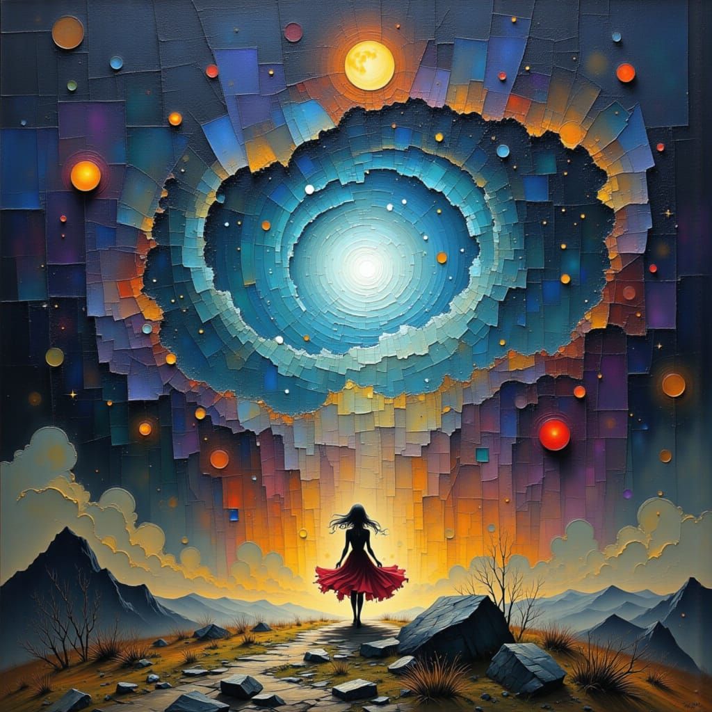 Mystical Woman Walks Towards Star Vortex in Surreal Oil Pain...