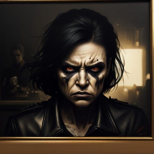 Surreal Woman Behind Counter: Moody Oil Painting