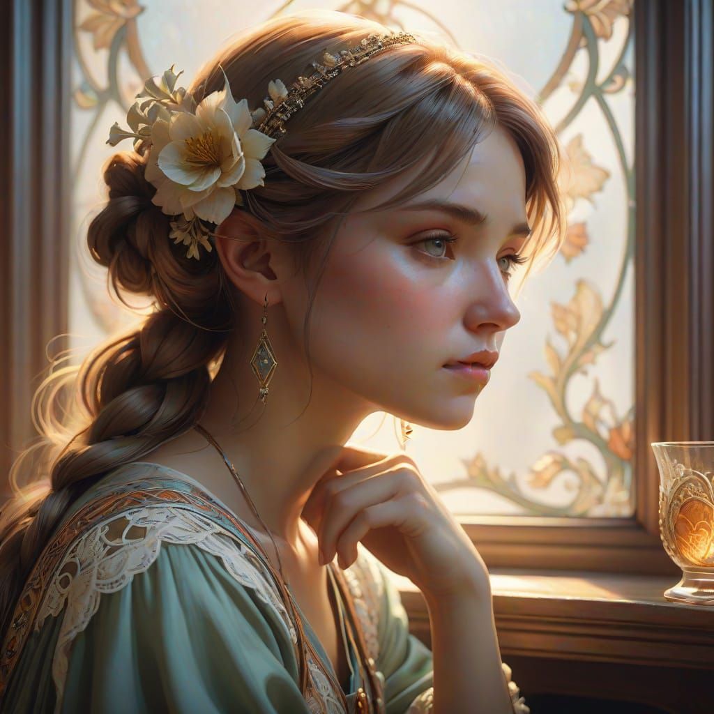 Dreamy Young Girl Lost in Thought Amidst Whimsical Warmth