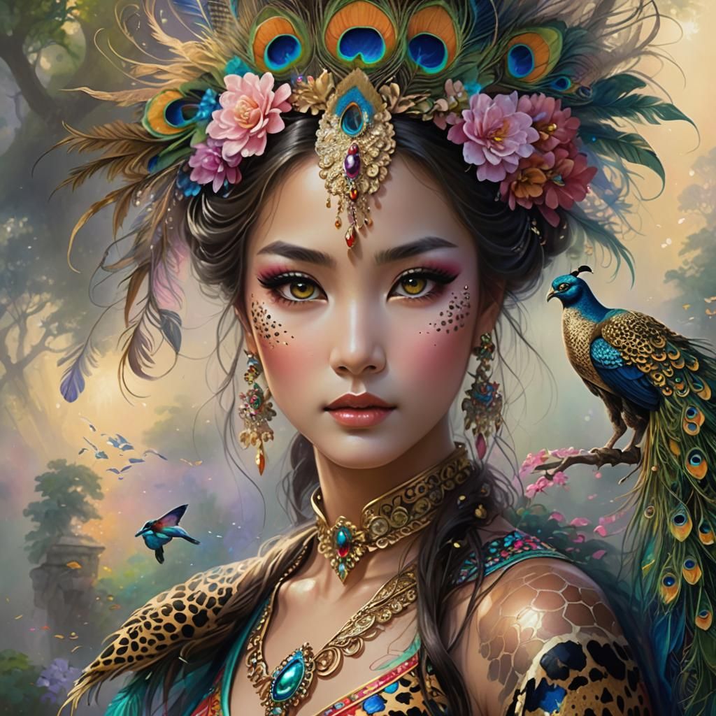 Asian Woman with Rainbow Peacock Feathers