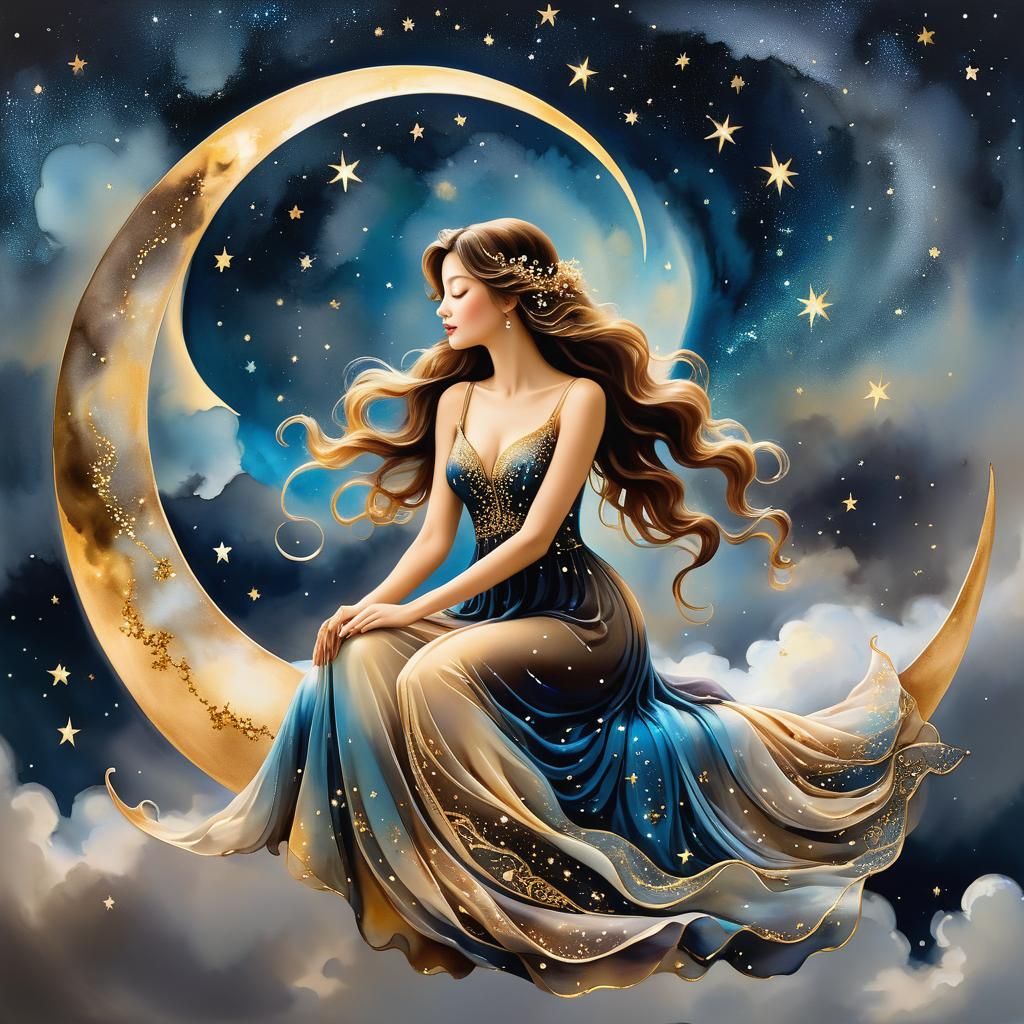 Woman on Moon in Alcohol Ink Starry Night