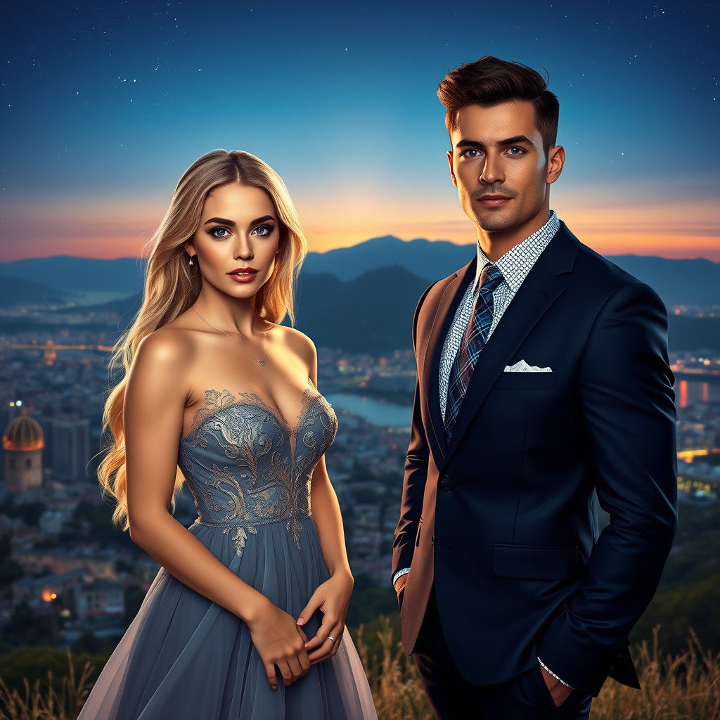 Elegant Couple Overlooking Cityscape at Dusk