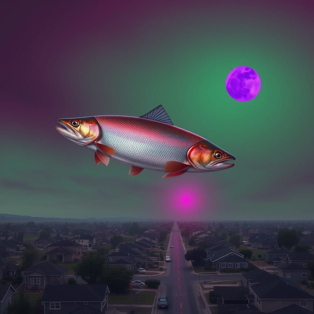 Magical Salmon Soars Above Distorted Suburbia in Vibrant Dre...