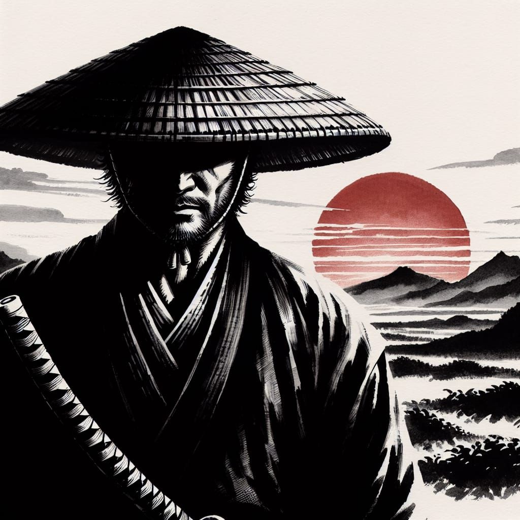 Samurai in Ink Drawing at Sunset
