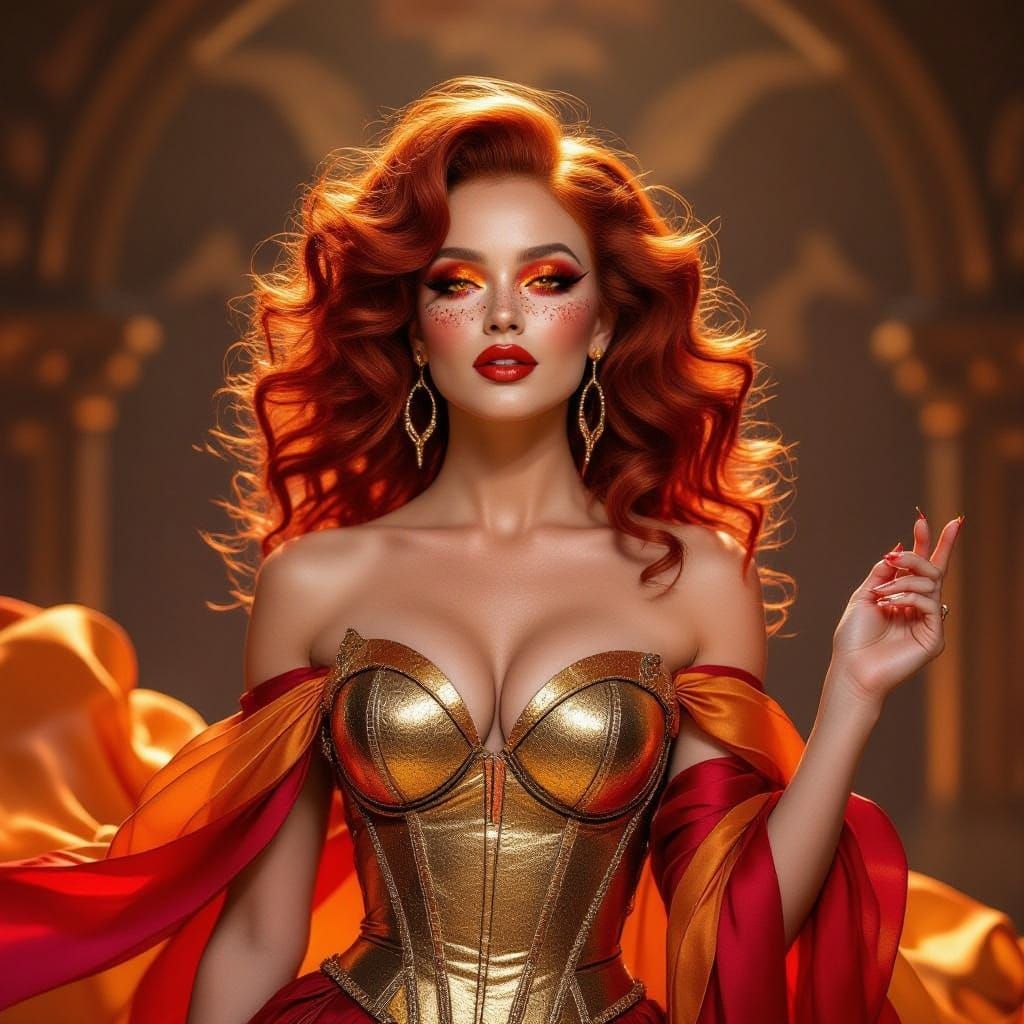 Fiery Goddess Performer with Red Curls and Couture