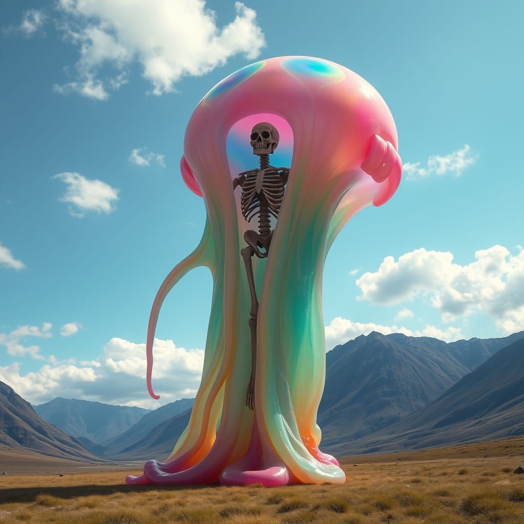 Giant Multicolored Slime Creature in Dreamlike Valley